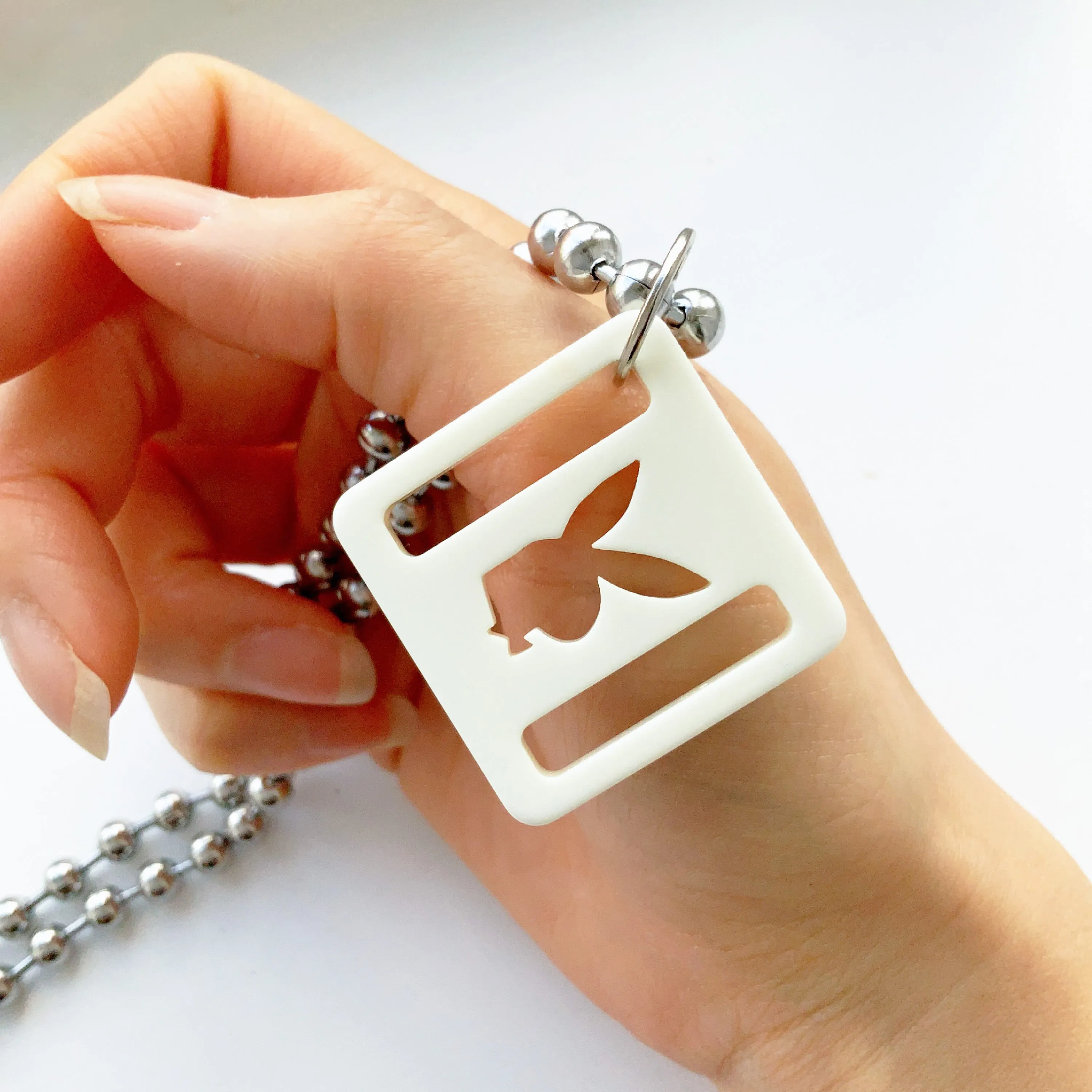 90s Y2K VINTAGE WHITE CREAM  PLAYBOY PENDANT UNISEX MEN SILVER PLATED 18" SHORT NECKLACE