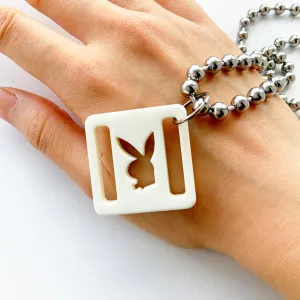 90s Y2K VINTAGE WHITE CREAM  PLAYBOY PENDANT UNISEX MEN SILVER PLATED 18" SHORT NECKLACE