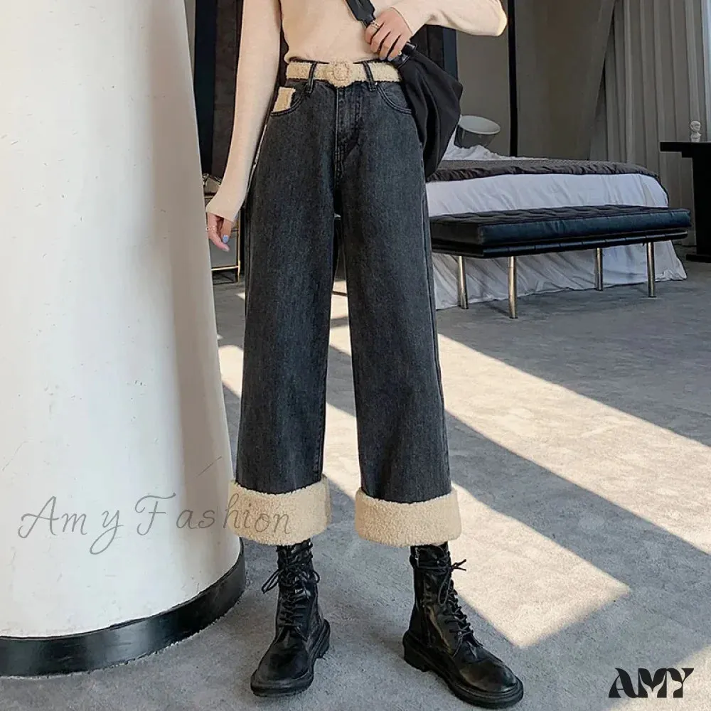 Amy Fashion - Winter Thick Velvet Fleece Faux Lambs Wool Stitching Fashion High Waist Casual Warm Wide Leg Denim Jean