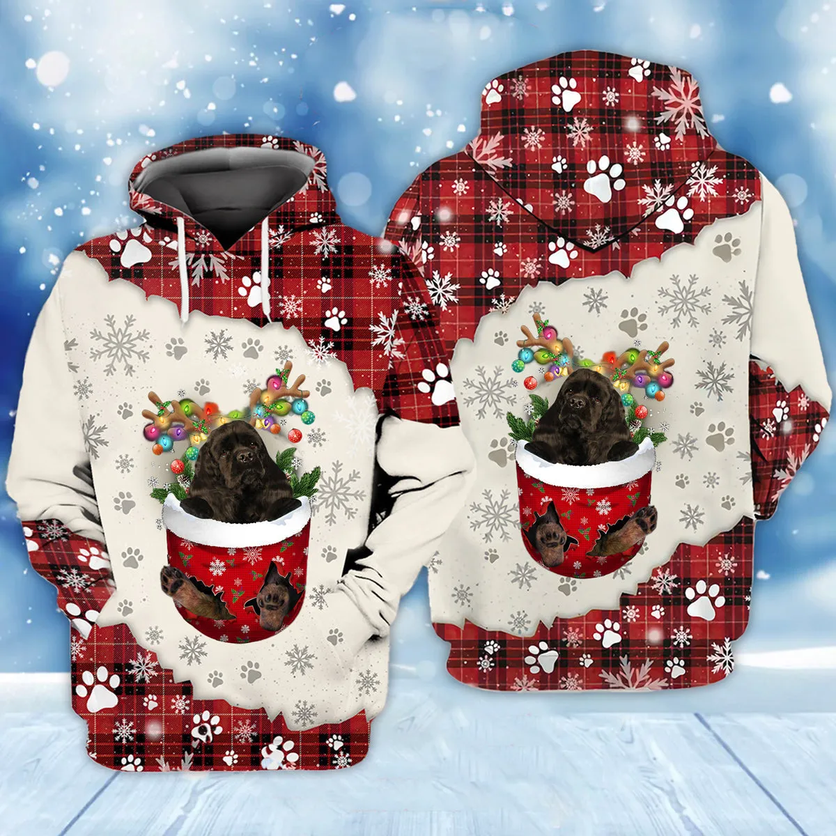 BLACK American Cocker Spaniel In Snow Pocket Merry Christmas Unisex Hoodie