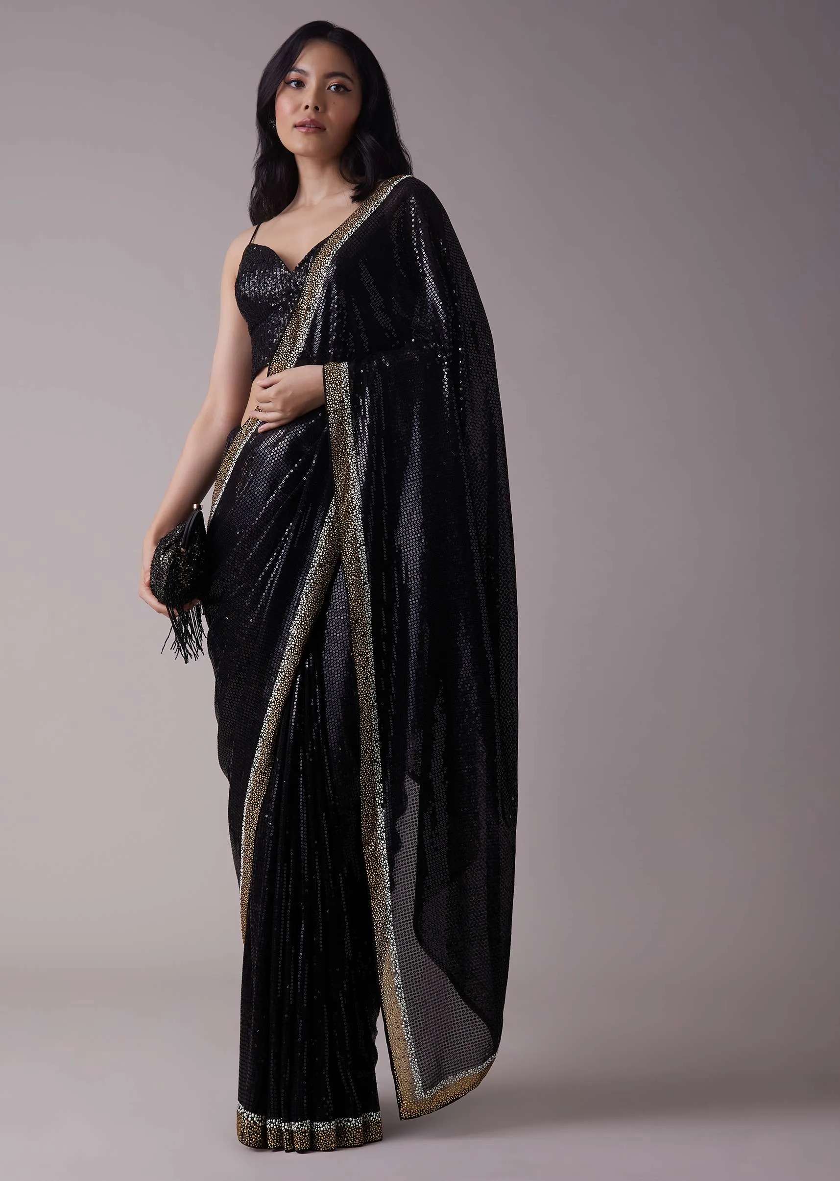 Black Sequins Saree With An Embellished Border