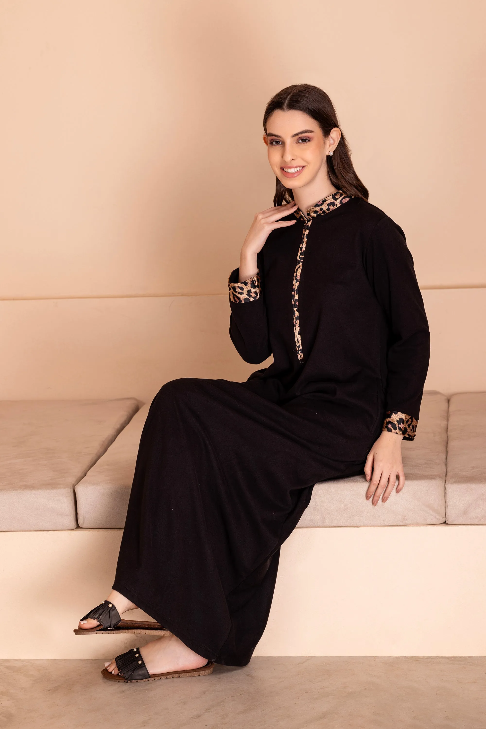 Black woollen nighty with Leopard print trims