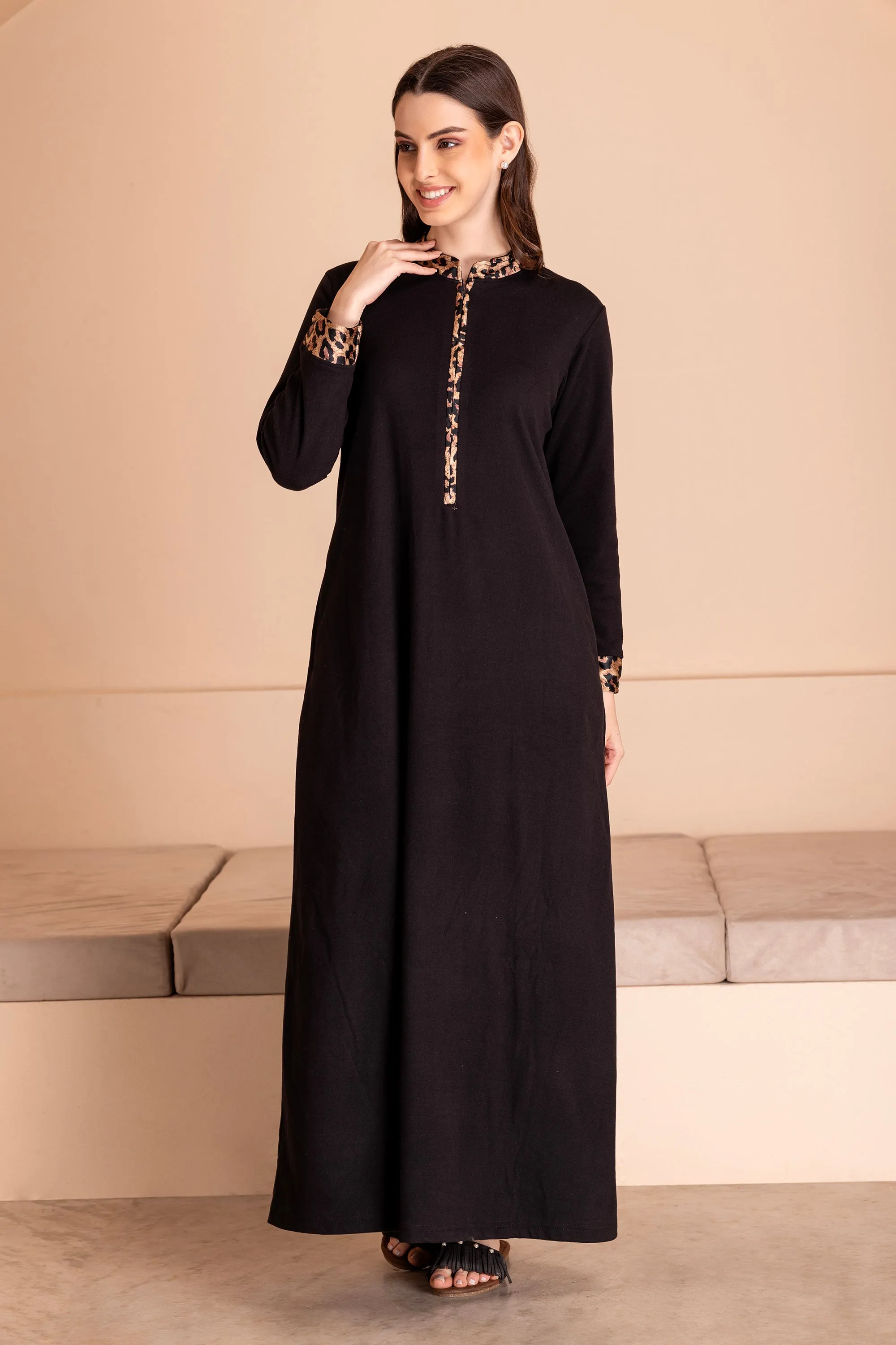 Black woollen nighty with Leopard print trims