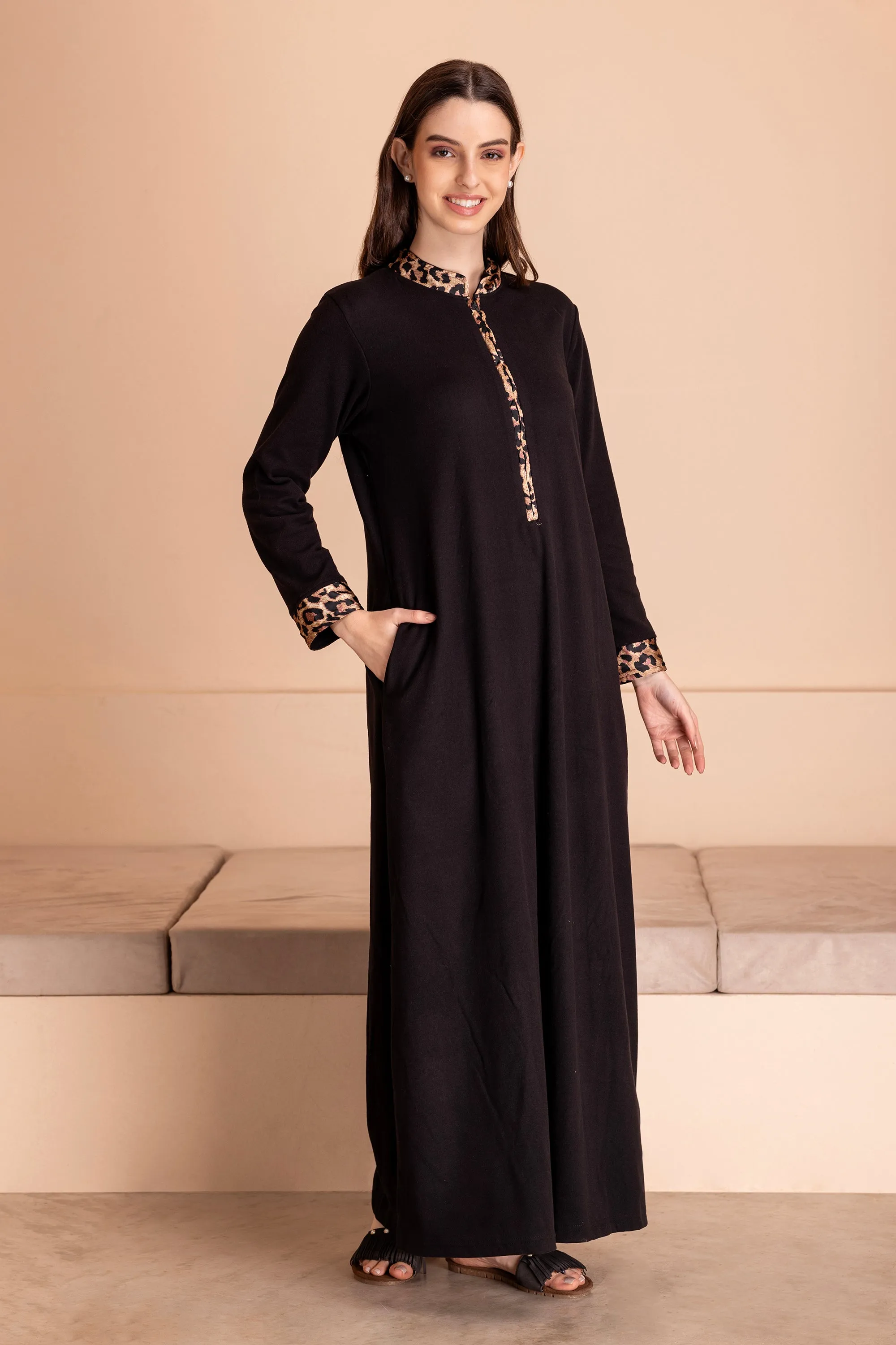 Black woollen nighty with Leopard print trims
