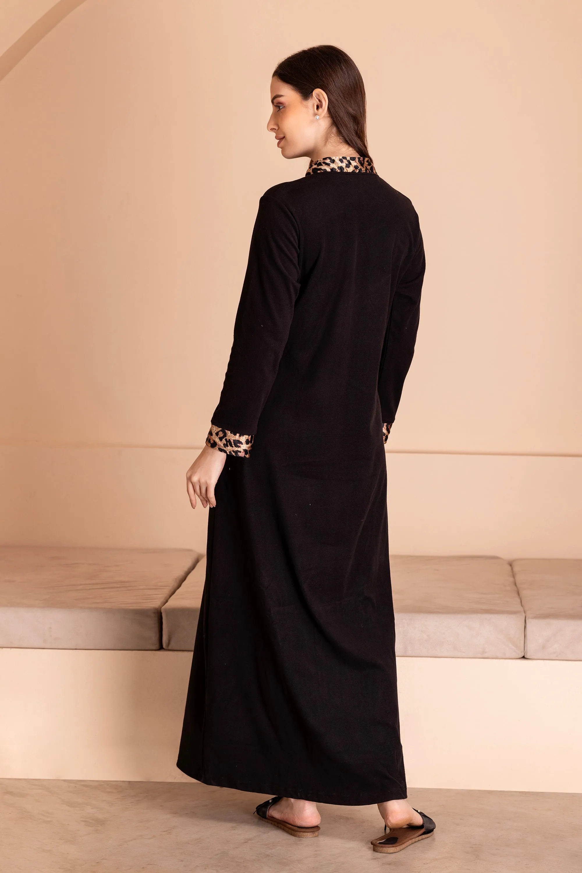Black woollen nighty with Leopard print trims
