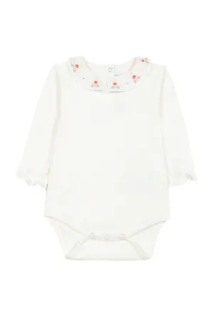 Bodysuit - Ecru with ruffled collar and floral embroidery