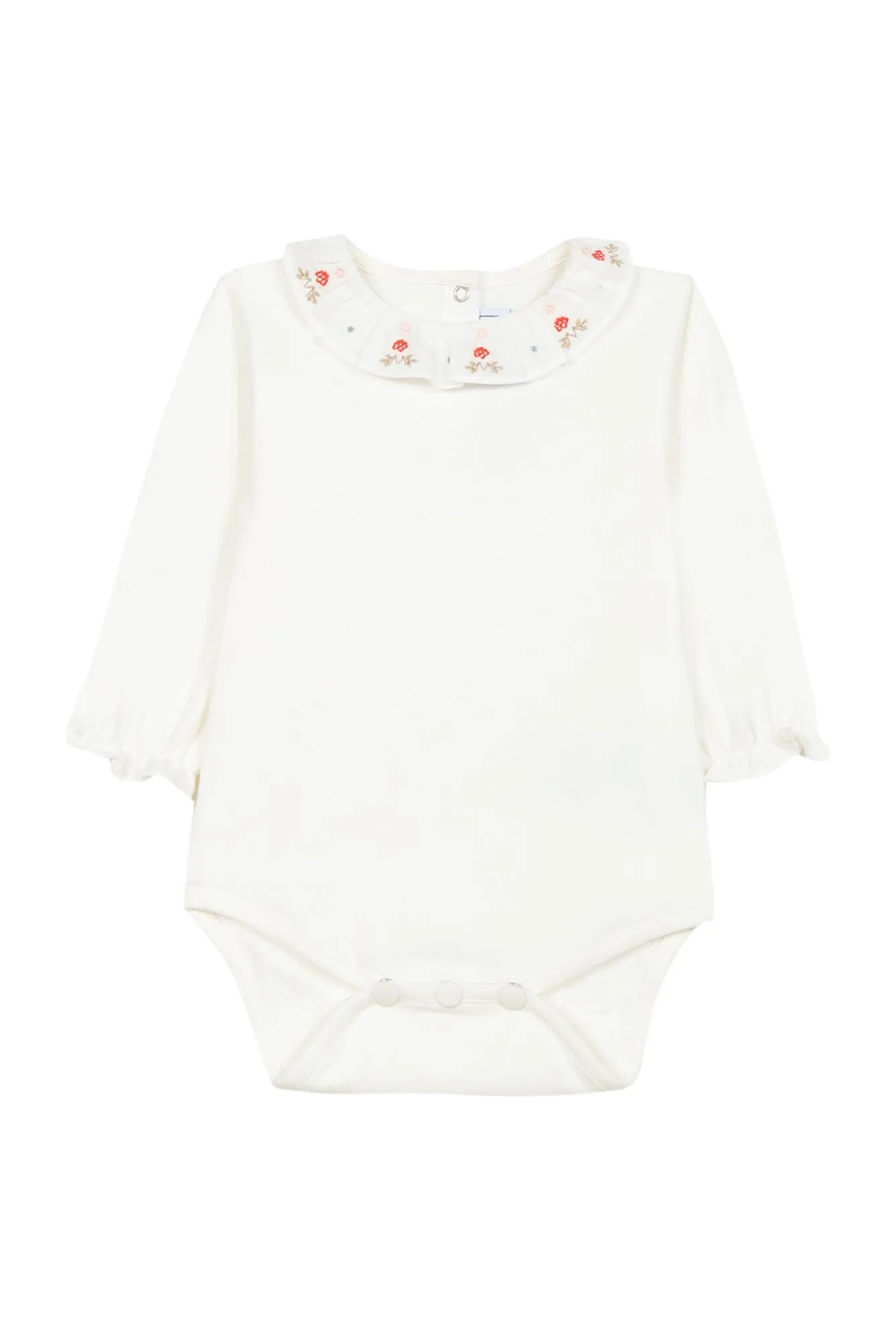 Bodysuit - Ecru with ruffled collar and floral embroidery