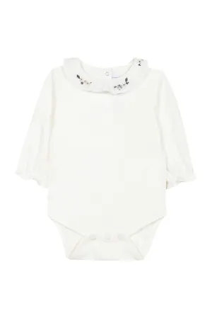 Bodysuit - Navy with ruffled collar and floral embroidery