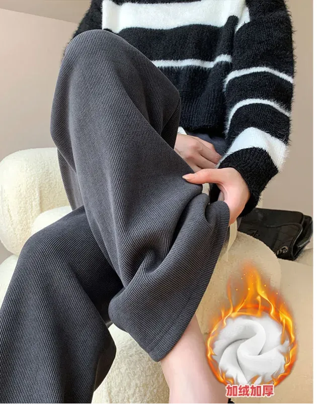 Casual Drawstring Wide Leg Pants Women Y2K Lace Up High Waist Loose Straight Pant Autumn Winter Plush Sweatpants Women's Trouser