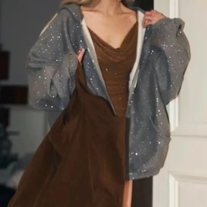 Chic Oversized Vintage Shiny Zip Coat Hoodie