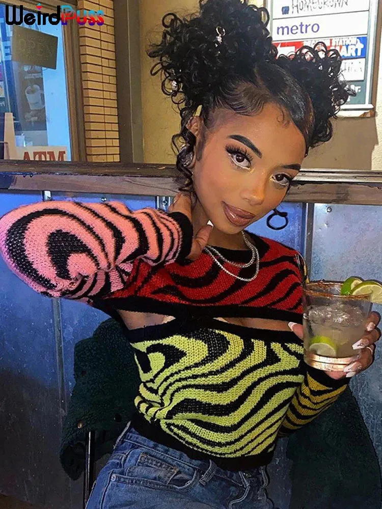 Colorful Y2K Sweater with Cutout