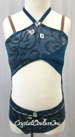 Dark Teal Blue and Shimmery Teal/Gold Velour Connected 2-Piece - Swarovski Rhinestones