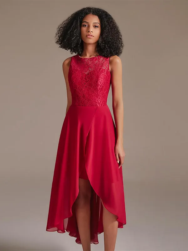 Elegant Round Neckline Sleeveless High Low Chiffon Lace Red Bridesmaid Dress