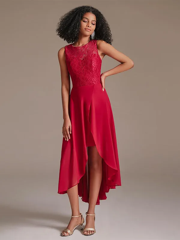 Elegant Round Neckline Sleeveless High Low Chiffon Lace Red Bridesmaid Dress