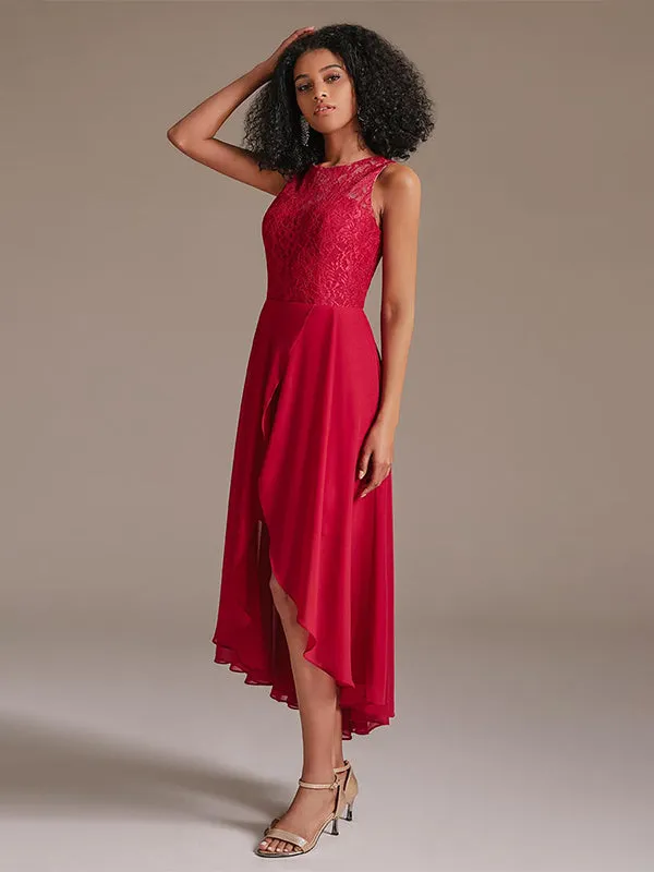 Elegant Round Neckline Sleeveless High Low Chiffon Lace Red Bridesmaid Dress