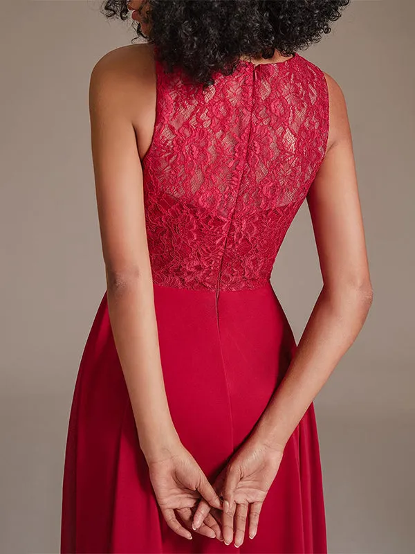 Elegant Round Neckline Sleeveless High Low Chiffon Lace Red Bridesmaid Dress
