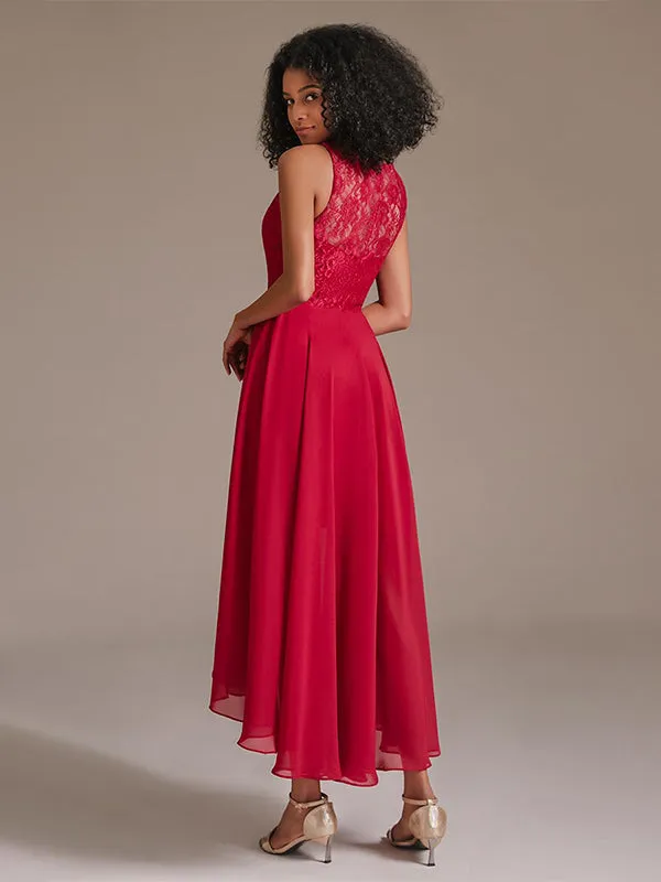 Elegant Round Neckline Sleeveless High Low Chiffon Lace Red Bridesmaid Dress