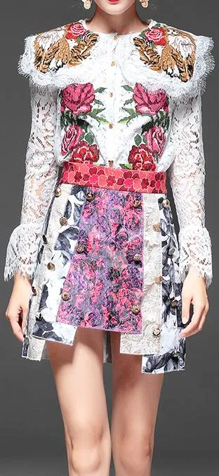 Embroidered Lace Top and Skirt Set