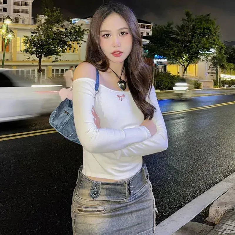 Europe and the United States ins style women's early autumn new sexy line lead spice girl pure wind slim-fit heart machine halte