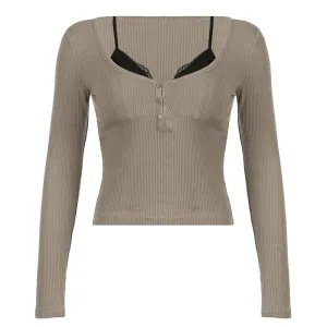 Fake Two-piece Lace Deep V Neck Long Sleeve Shirts Women 2024 Autumn Winter Y2k Ribbed Cropped Top P84-CD23