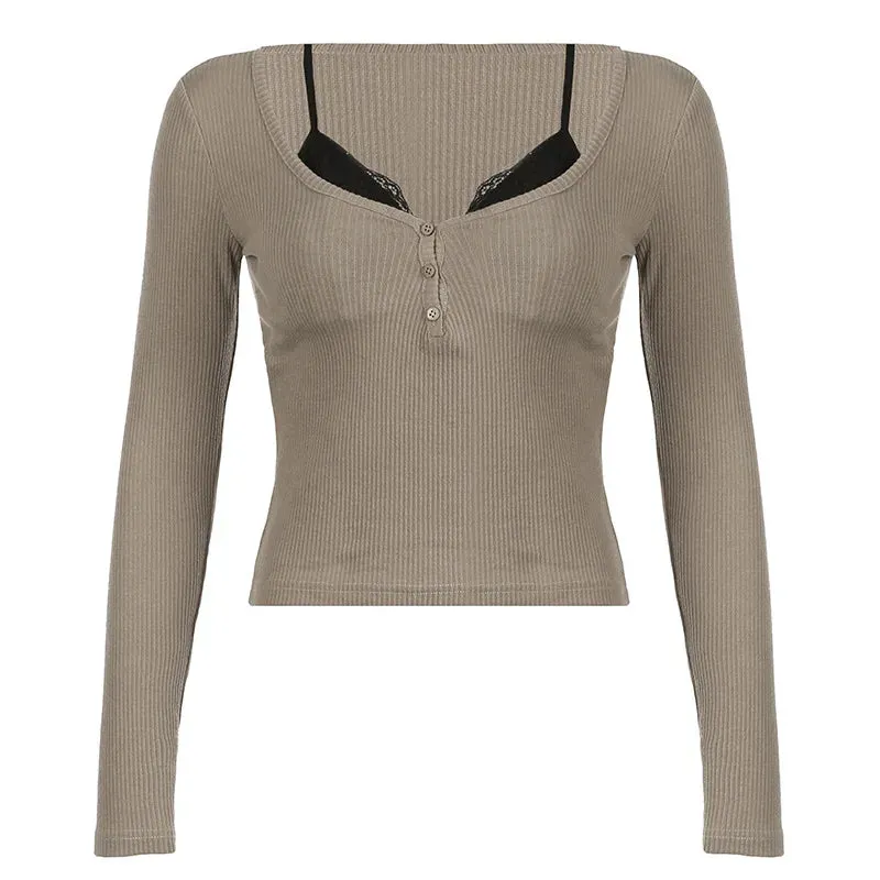 Fake Two-piece Lace Deep V Neck Long Sleeve Shirts Women 2024 Autumn Winter Y2k Ribbed Cropped Top P84-CD23