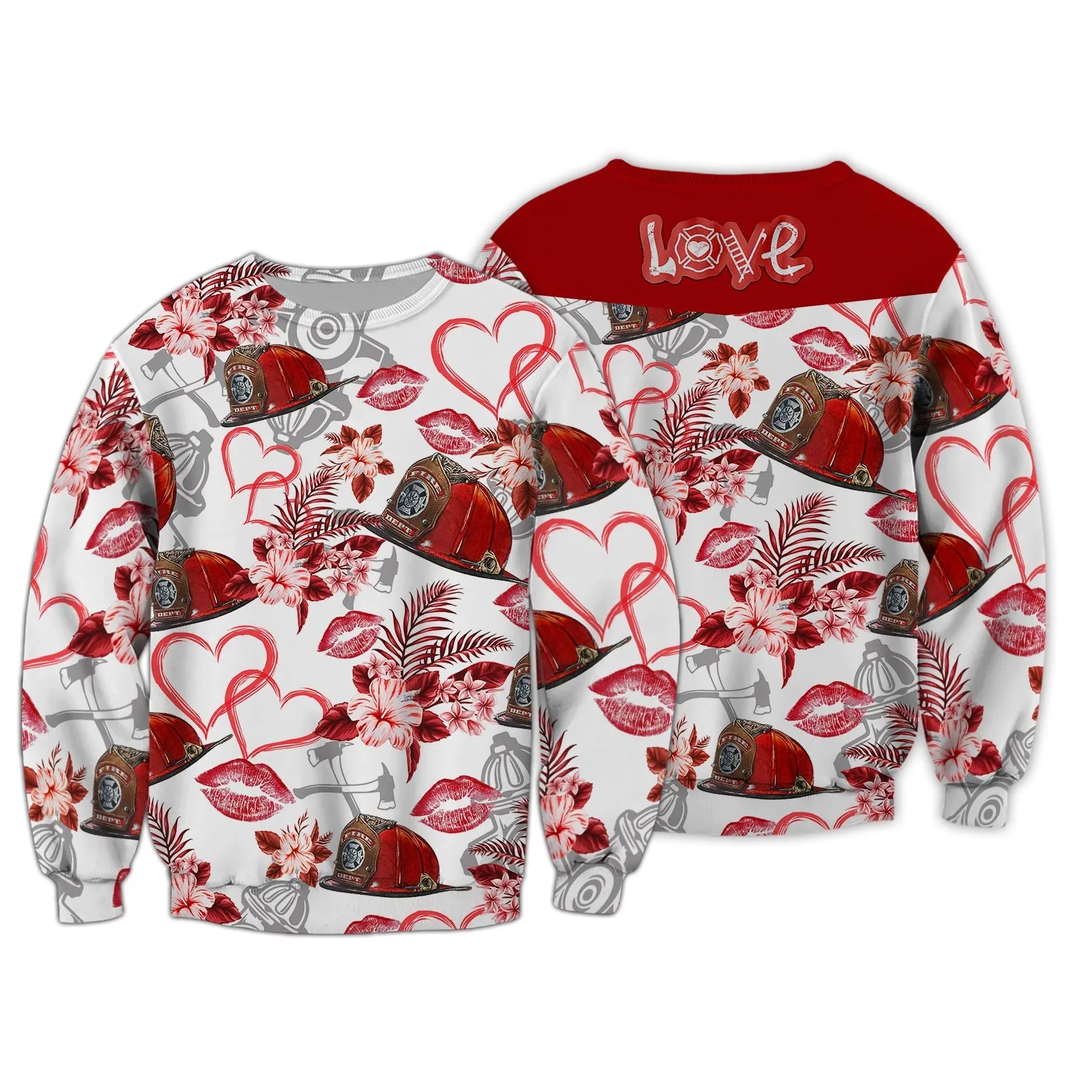 Firefighter Kiss Hat Flower 3D Sweatshirt Hoodie Bomber, Christmas Firefighter Shirt
