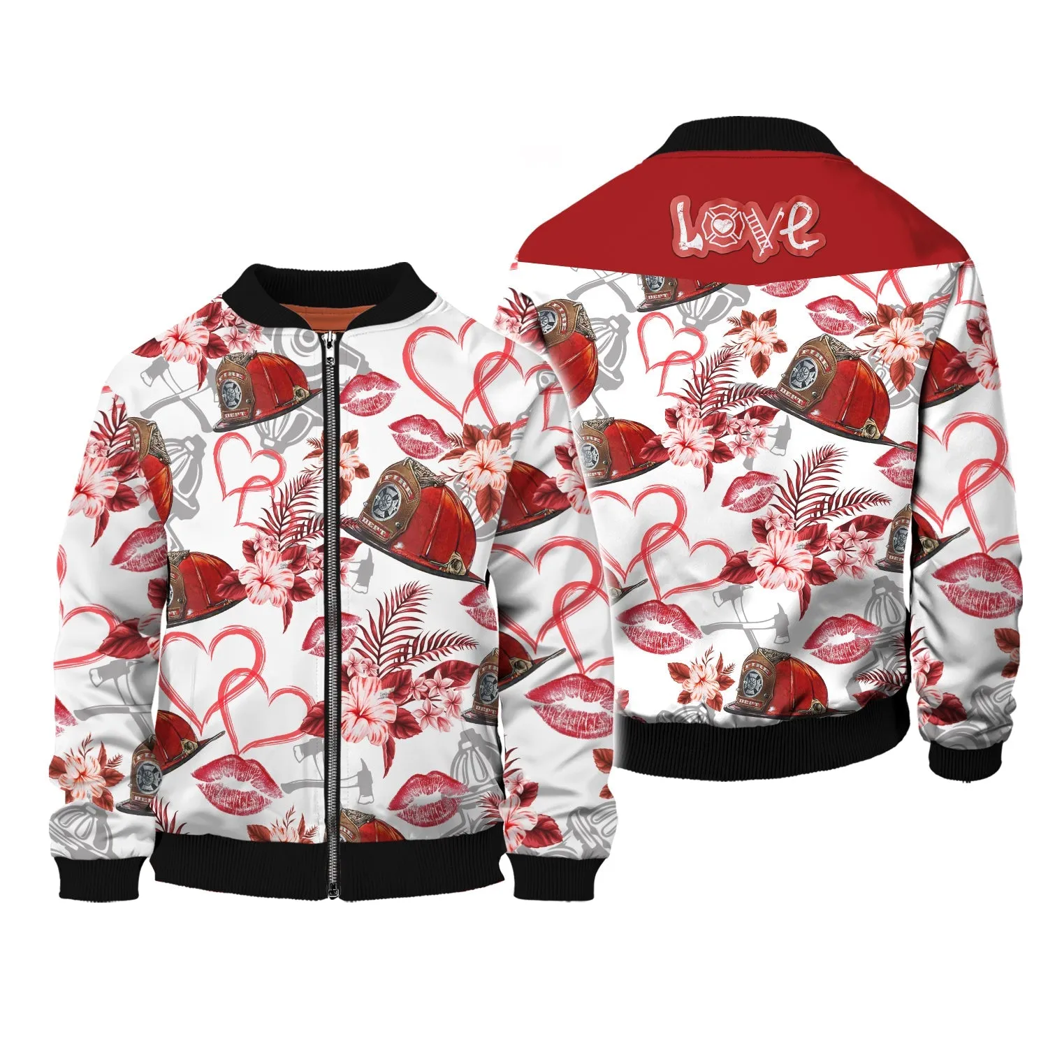 Firefighter Kiss Hat Flower 3D Sweatshirt Hoodie Bomber, Christmas Firefighter Shirt