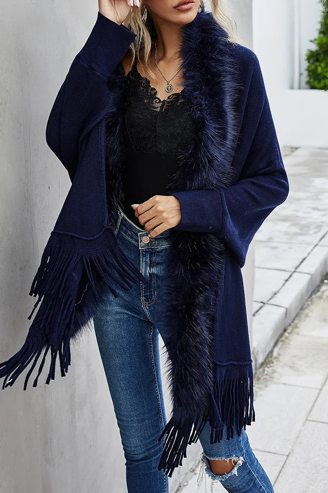 Fleece Open Front Tassle Kniting Long Cardigan Winter Outfits