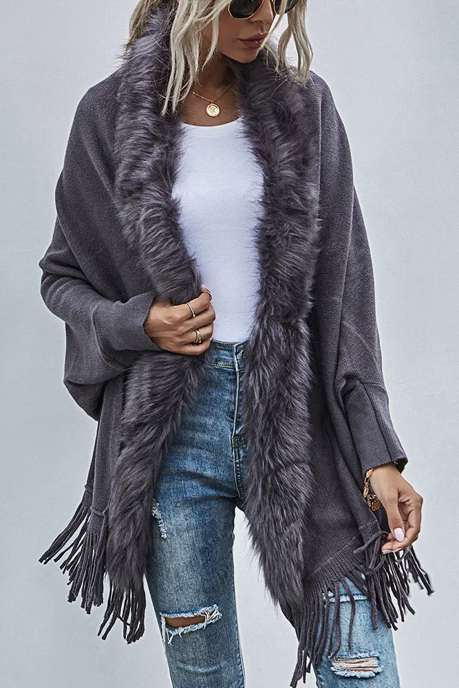 Fleece Open Front Tassle Kniting Long Cardigan Winter Outfits