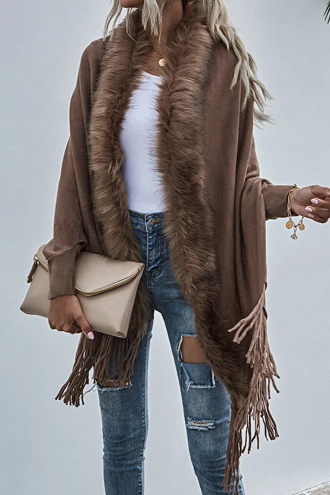 Fleece Open Front Tassle Kniting Long Cardigan Winter Outfits