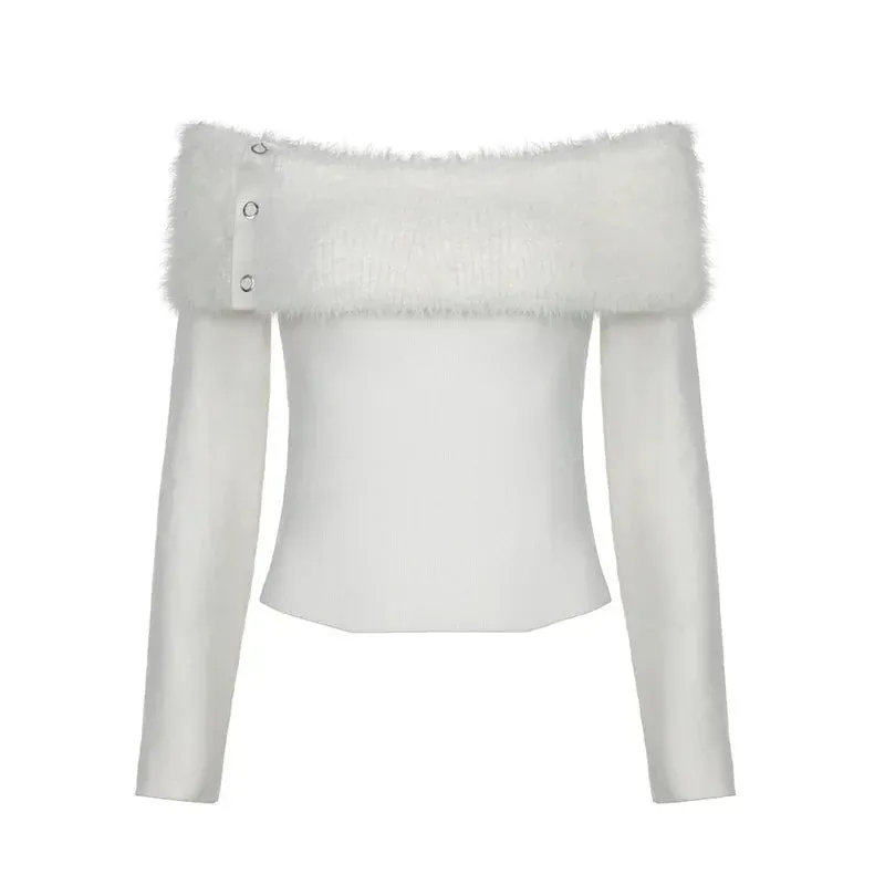 Fluffy Faux Fur Patchwork Ribbed Long Sleeve Top Y2k Cutecore White Fitted T Shirt for Women Winter Clothes P84-EZ30