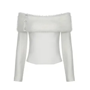 Fluffy Faux Fur Patchwork Ribbed Long Sleeve Top Y2k Cutecore White Fitted T Shirt for Women Winter Clothes P84-EZ30