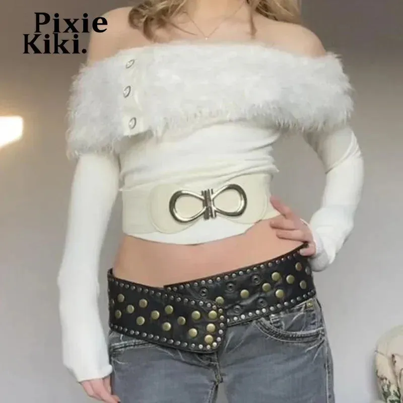 Fluffy Faux Fur Patchwork Ribbed Long Sleeve Top Y2k Cutecore White Fitted T Shirt for Women Winter Clothes P84-EZ30