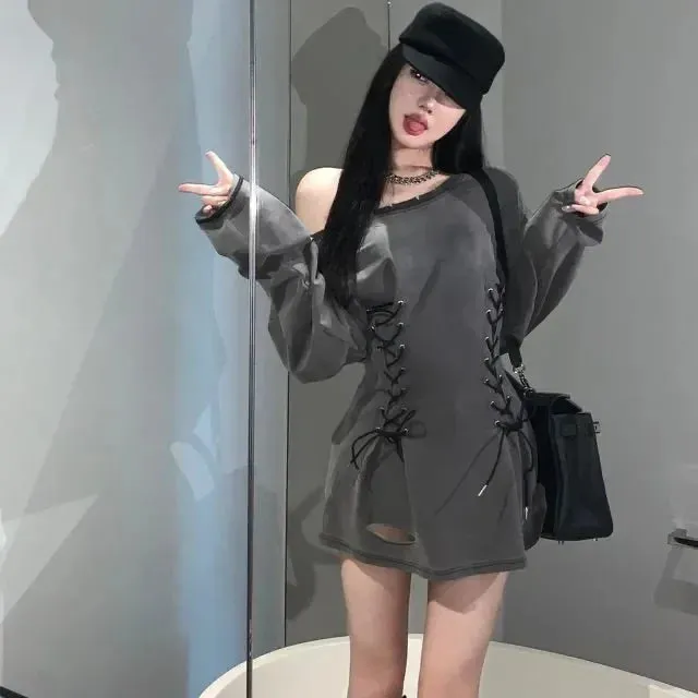 Getadme Fairycore Grunge Corset Dress Long Sleeve Women Aesthetic Y2k Fairy Goth Clothes Kawaii Bandage Bodycon Dresses Spring Autumn