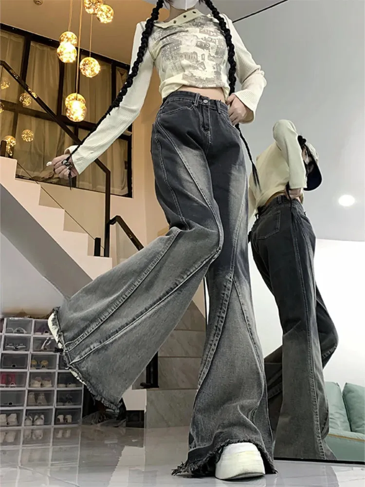 Girlary 2024 Women Black Gothic Jeans Harajuku Y2k 90s Aesthetic Vintage Fashion Denim Trousers 2000s Wide Jean Pants Trashy Emo Clothes