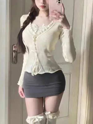 Girlary Autumn Elegant 2 Piece Set Office Lady Casual Outwear Mini Skirt   Women Evening Party Slim Y2k Crop Top Korean Fashion