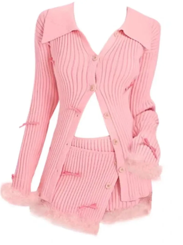 Girlary Elegant Pink Knitted Suit Korea Fashion 2 Piece Skirt Set Slim Casual Blouse   Bodycon Y2k Mini Skirt Party Casual Clothing