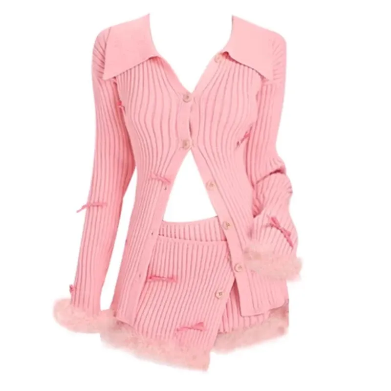 Girlary Elegant Pink Knitted Suit Korea Fashion 2 Piece Skirt Set Slim Casual Blouse   Bodycon Y2k Mini Skirt Party Casual Clothing