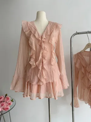 Girlary French Elegance Fairycore Outerwear 2 Piece Shorts Sets V-Neck Blouses Flare Sleeve Elastic Waist Shorts Y2k Chic Autumn Winter