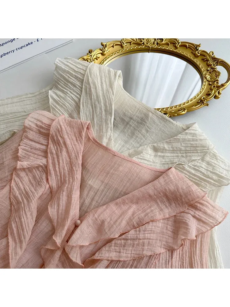 Girlary French Elegance Fairycore Outerwear 2 Piece Shorts Sets V-Neck Blouses Flare Sleeve Elastic Waist Shorts Y2k Chic Autumn Winter