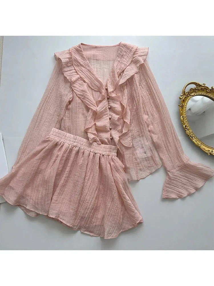 Girlary French Elegance Fairycore Outerwear 2 Piece Shorts Sets V-Neck Blouses Flare Sleeve Elastic Waist Shorts Y2k Chic Autumn Winter