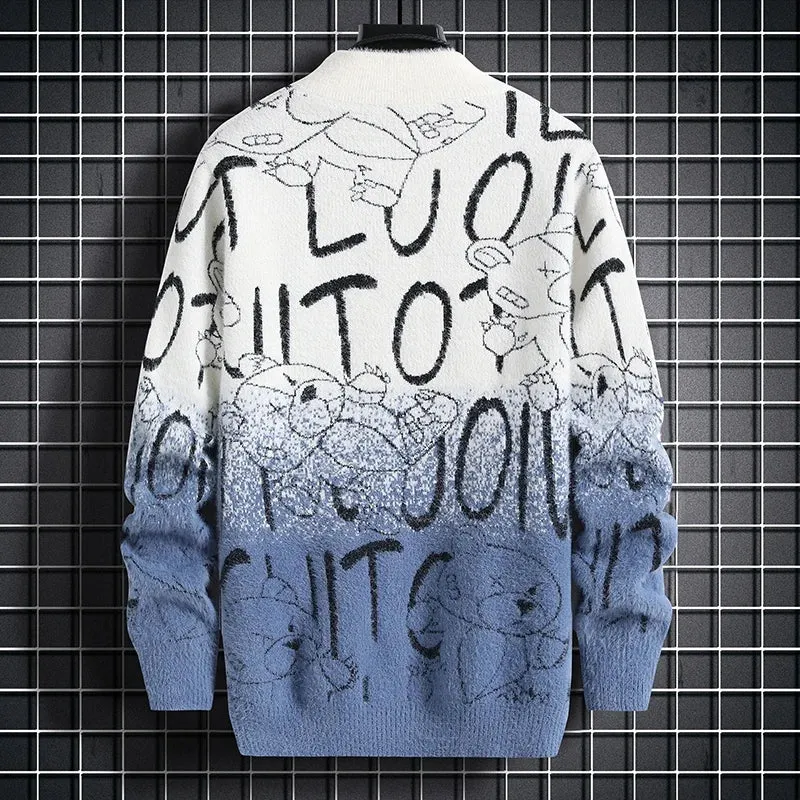 Harajuku Sweater Men's Y2K Knitted Letter Printing Sweater Men's Wool Pullover Men's Retro Knitted Color Block Tops