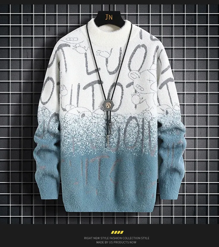 Harajuku Sweater Men's Y2K Knitted Letter Printing Sweater Men's Wool Pullover Men's Retro Knitted Color Block Tops