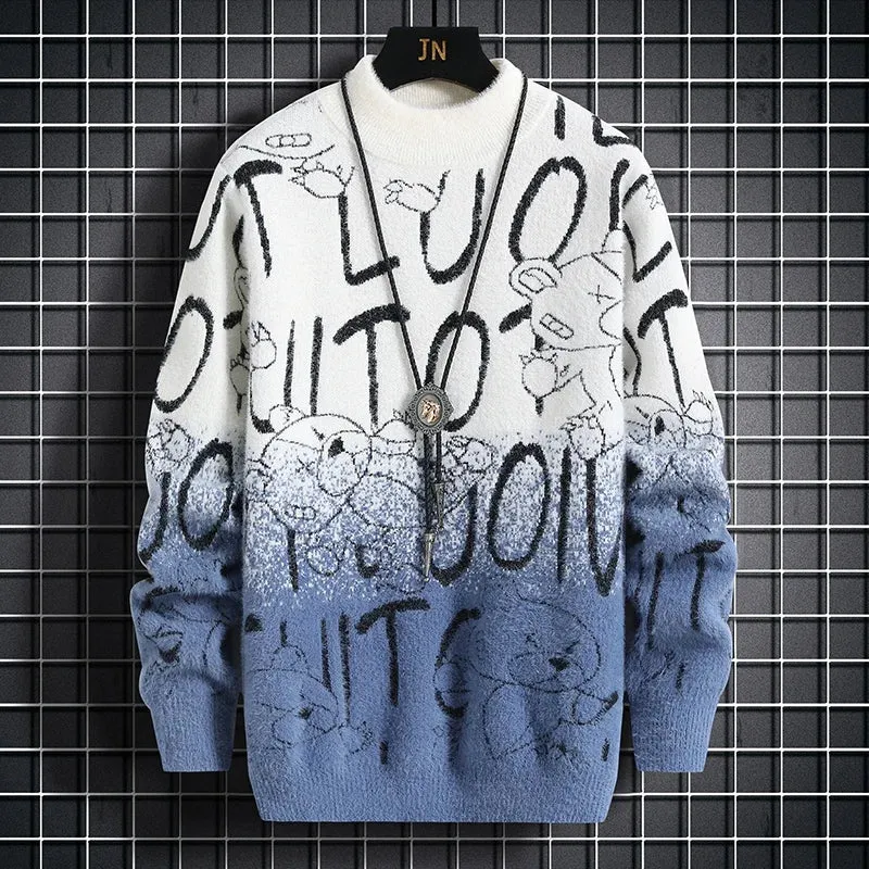 Harajuku Sweater Men's Y2K Knitted Letter Printing Sweater Men's Wool Pullover Men's Retro Knitted Color Block Tops