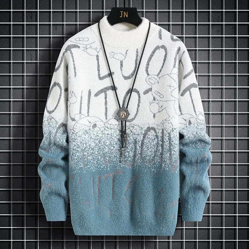 Harajuku Sweater Men's Y2K Knitted Letter Printing Sweater Men's Wool Pullover Men's Retro Knitted Color Block Tops