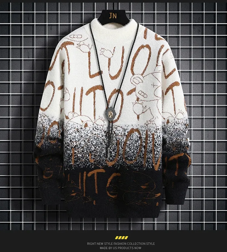 Harajuku Sweater Men's Y2K Knitted Letter Printing Sweater Men's Wool Pullover Men's Retro Knitted Color Block Tops