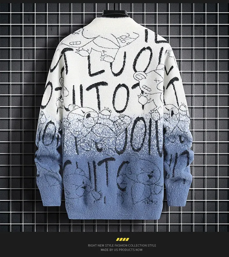 Harajuku Sweater Men's Y2K Knitted Letter Printing Sweater Men's Wool Pullover Men's Retro Knitted Color Block Tops