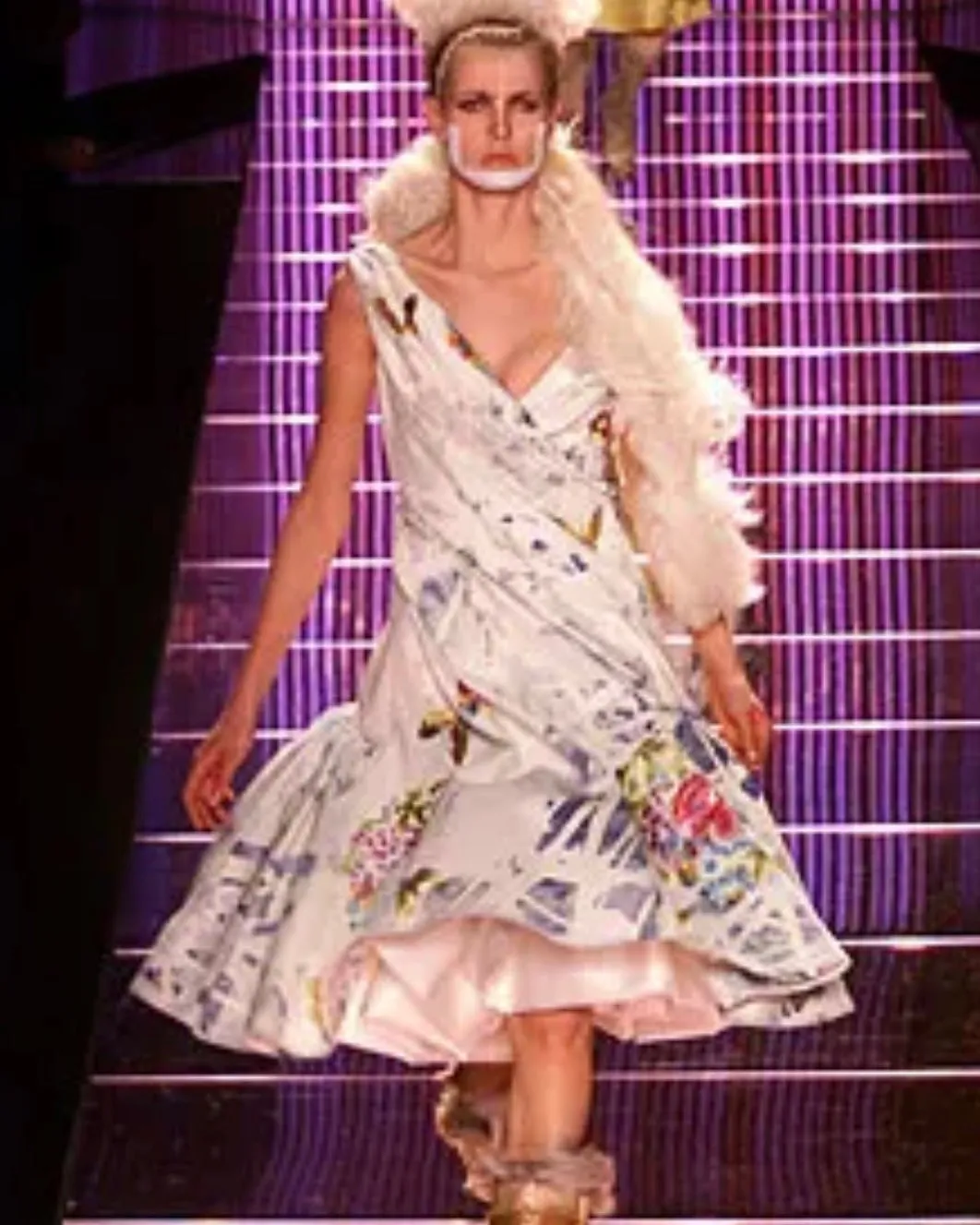 John Galliano Vintage AW 2002 Blue Ivory Acid Wash Draped Denim Dress