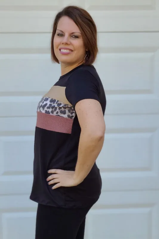 Leopard Contrast Colorblock Top in Shimmery Champagne/Taupe Animal Print/Shimmery Mauve