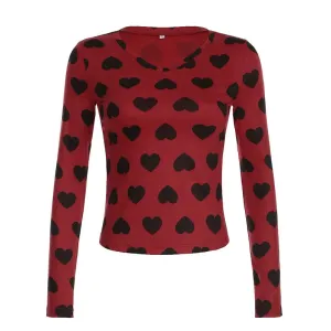 Love Print Graphic Long Sleeve Top Y2k 2000s Emo Clothes V Neck T Shirts Women 2024 Fall Winter P84-BC13
